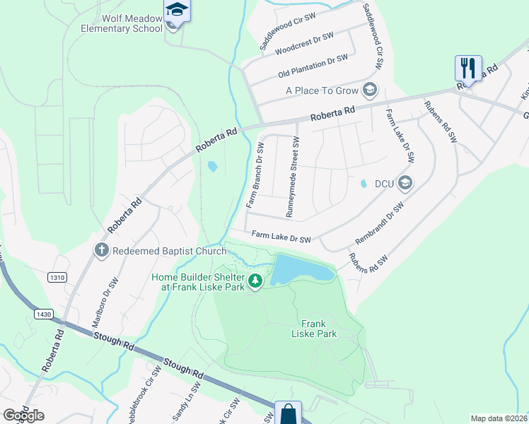map of restaurants, bars, coffee shops, grocery stores, and more near 1383 Kent Downs Avenue Southwest in Concord