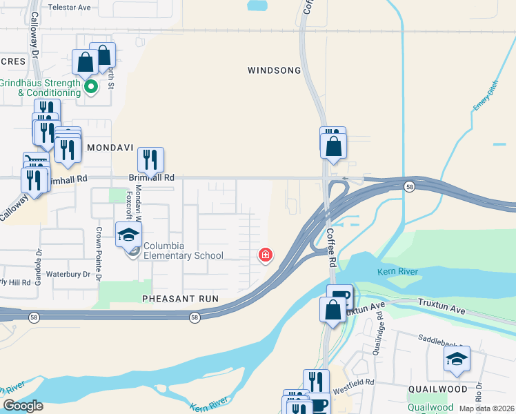 map of restaurants, bars, coffee shops, grocery stores, and more near 8400 White Rock Drive in Bakersfield