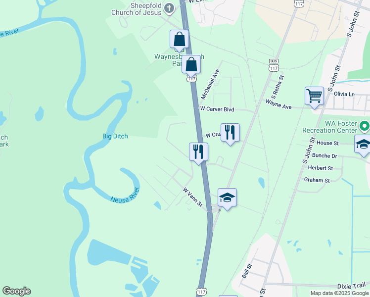 map of restaurants, bars, coffee shops, grocery stores, and more near 1105 Branch Street in Goldsboro