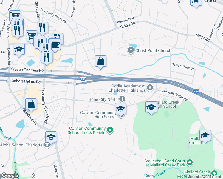 map of restaurants, bars, coffee shops, grocery stores, and more near 4124 Johnston Oehler Road in Charlotte