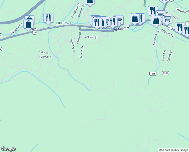 map of restaurants, bars, coffee shops, grocery stores, and more near 763 Ridgeway Street in Sylva