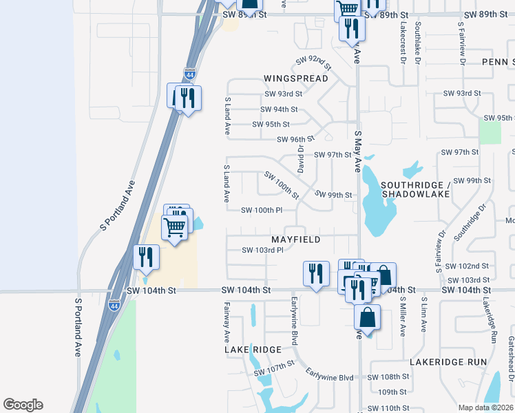 map of restaurants, bars, coffee shops, grocery stores, and more near 3144 Southwest 100th Place in Oklahoma City