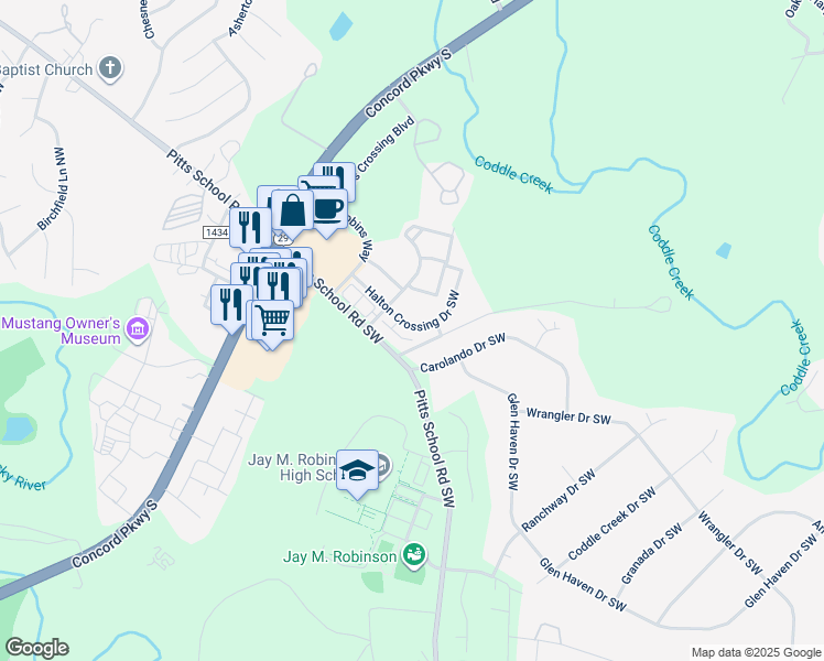map of restaurants, bars, coffee shops, grocery stores, and more near 256 Halton Crossing Drive Southwest in Concord