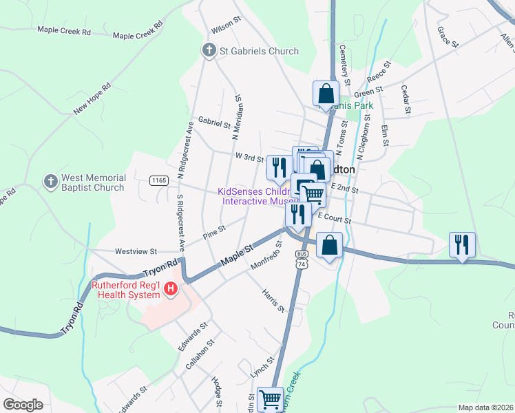 map of restaurants, bars, coffee shops, grocery stores, and more near 181 East Court Street in Rutherfordton