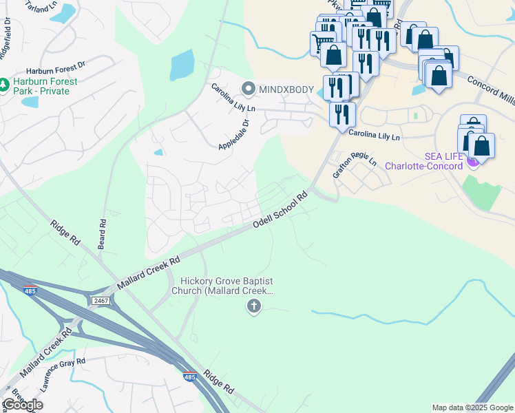 map of restaurants, bars, coffee shops, grocery stores, and more near 2625 Mallard Creek Road in Charlotte