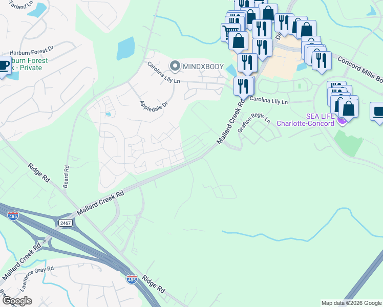 map of restaurants, bars, coffee shops, grocery stores, and more near 2749-2783 Mallard Creek Road in Charlotte