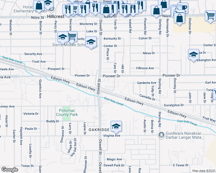 map of restaurants, bars, coffee shops, grocery stores, and more near 721 Oswell Street in Bakersfield