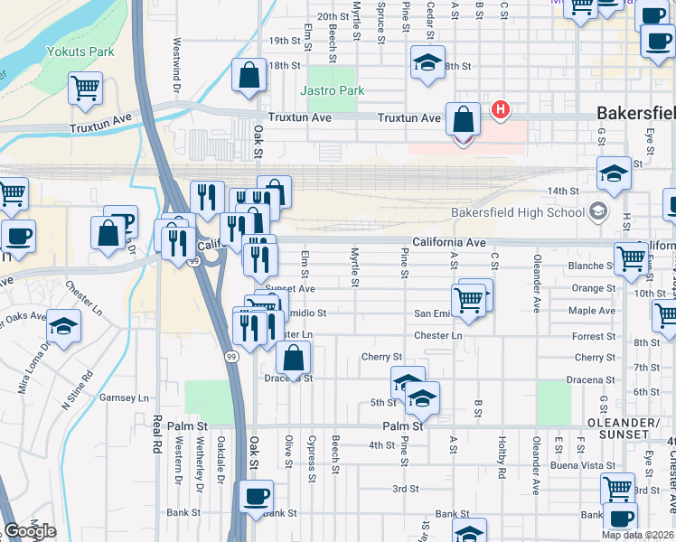 map of restaurants, bars, coffee shops, grocery stores, and more near 2902 Sunset Avenue in Bakersfield