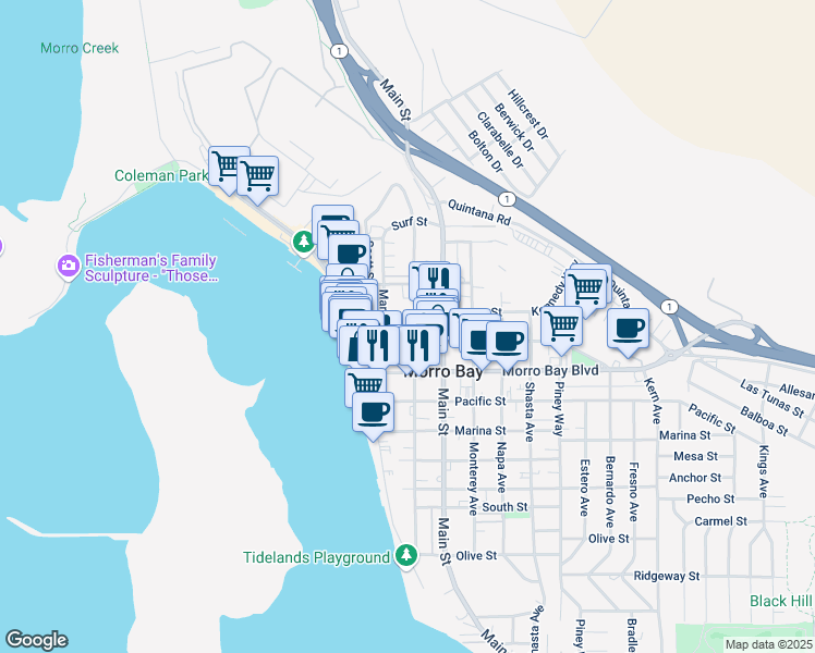map of restaurants, bars, coffee shops, grocery stores, and more near 225 Harbor Street in Morro Bay