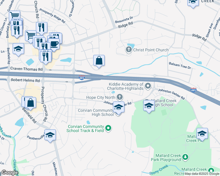 map of restaurants, bars, coffee shops, grocery stores, and more near 4124 Johnston Oehler Road in Charlotte