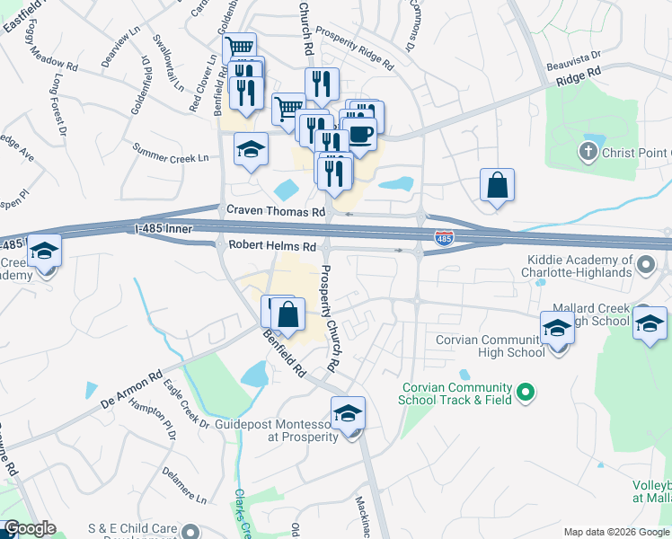 map of restaurants, bars, coffee shops, grocery stores, and more near 4240 Sutwick Drive in Charlotte