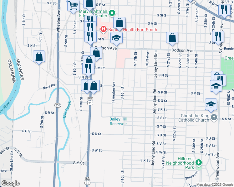 map of restaurants, bars, coffee shops, grocery stores, and more near 1517 South Q Street in Fort Smith