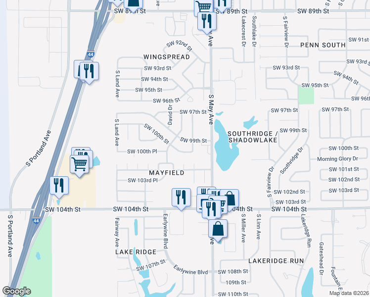 map of restaurants, bars, coffee shops, grocery stores, and more near 3008 Southwest 100th Street in Oklahoma City