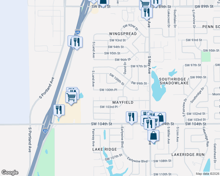 map of restaurants, bars, coffee shops, grocery stores, and more near 3144 Southwest 100th Place in Oklahoma City