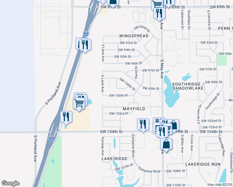 map of restaurants, bars, coffee shops, grocery stores, and more near 3144 Southwest 100th Place in Oklahoma City