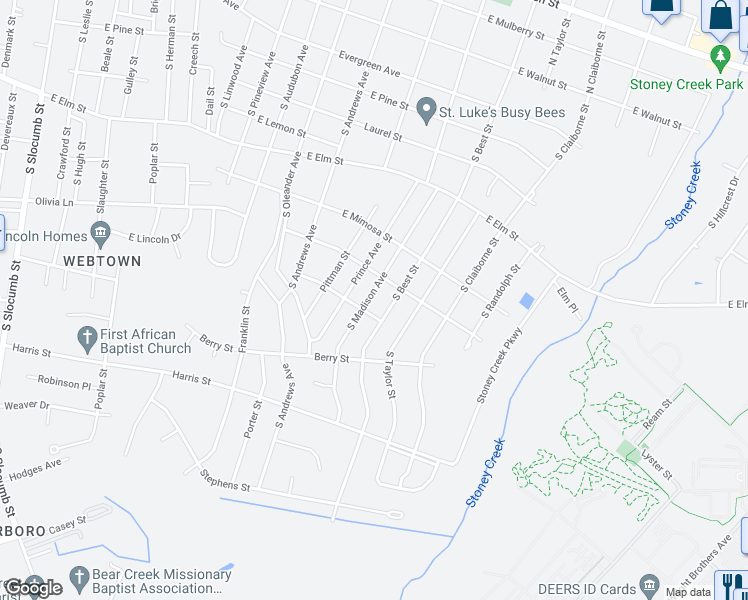 map of restaurants, bars, coffee shops, grocery stores, and more near 806 South Madison Avenue in Goldsboro