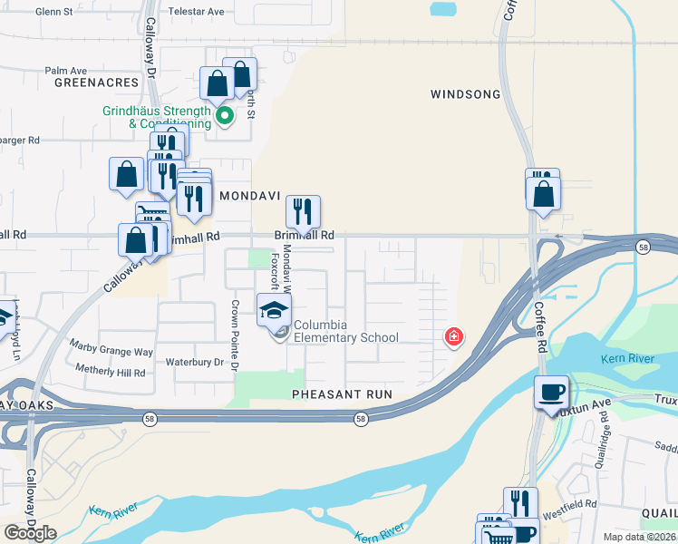 map of restaurants, bars, coffee shops, grocery stores, and more near 909 Harvest Creek Road in Bakersfield