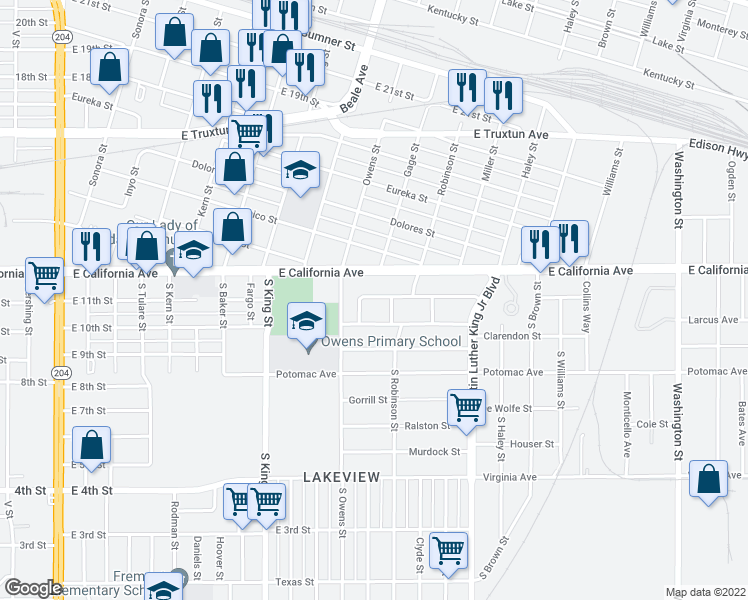 map of restaurants, bars, coffee shops, grocery stores, and more near 1411 East 11th Street in Bakersfield