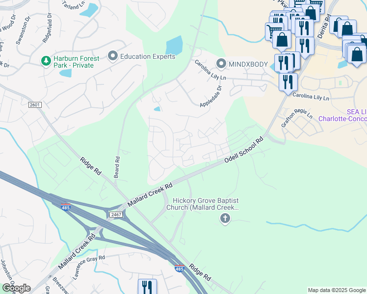 map of restaurants, bars, coffee shops, grocery stores, and more near 5406 Strive Street in Charlotte