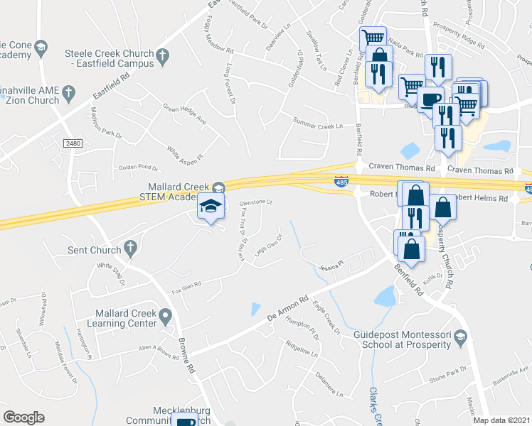 map of restaurants, bars, coffee shops, grocery stores, and more near 11612 Fox Hill Drive in Charlotte