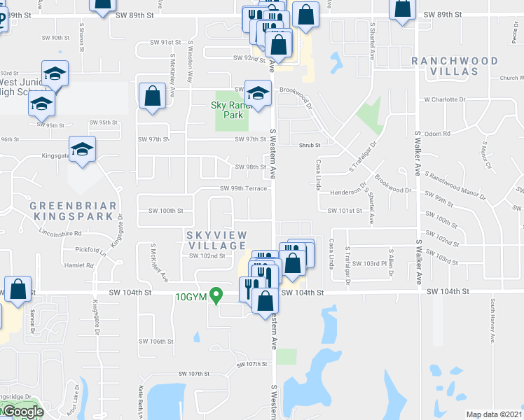 map of restaurants, bars, coffee shops, grocery stores, and more near 10021 South Western Avenue in Oklahoma City