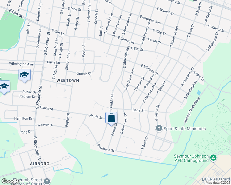 map of restaurants, bars, coffee shops, grocery stores, and more near 1005 South Andrews Avenue in Goldsboro