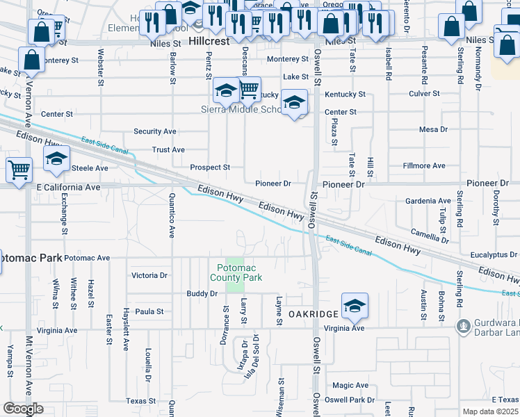 map of restaurants, bars, coffee shops, grocery stores, and more near 2915 Edison Highway in Bakersfield