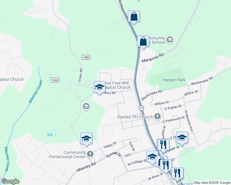 map of restaurants, bars, coffee shops, grocery stores, and more near 207 Hovis Road in Stanley