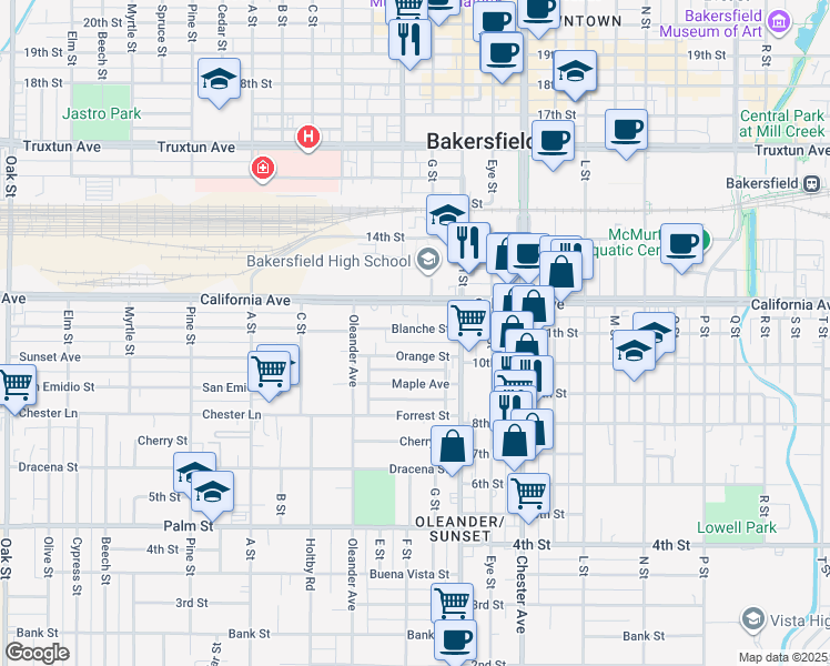 map of restaurants, bars, coffee shops, grocery stores, and more near 1817 Blanche Street in Bakersfield