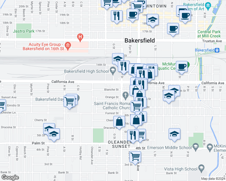 map of restaurants, bars, coffee shops, grocery stores, and more near 1720 Orange Street in Bakersfield