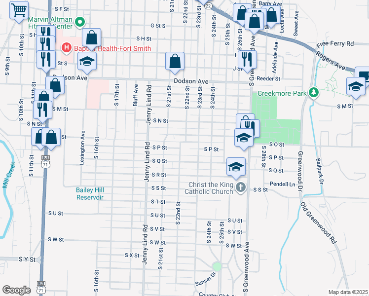 map of restaurants, bars, coffee shops, grocery stores, and more near 2125 South Q Street in Fort Smith