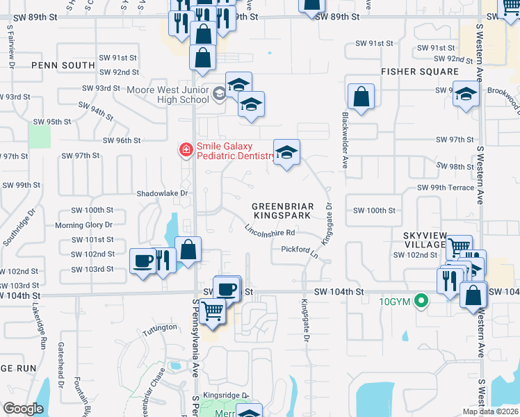 map of restaurants, bars, coffee shops, grocery stores, and more near 10104 Midfield Cross Street in Oklahoma City