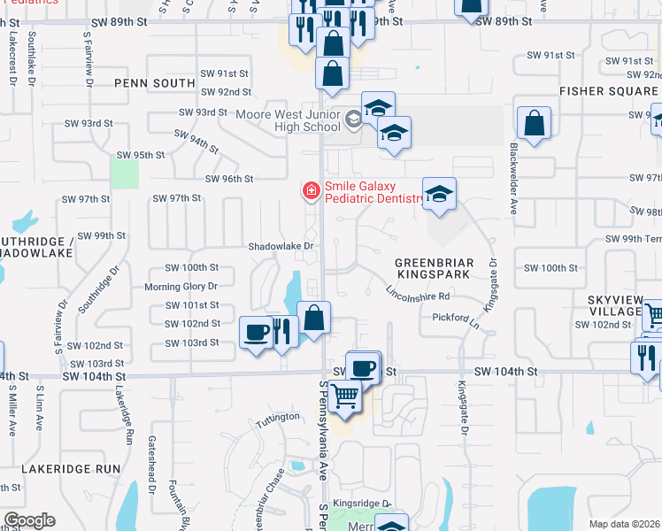 map of restaurants, bars, coffee shops, grocery stores, and more near 10005 South Pennsylvania Avenue in Oklahoma City