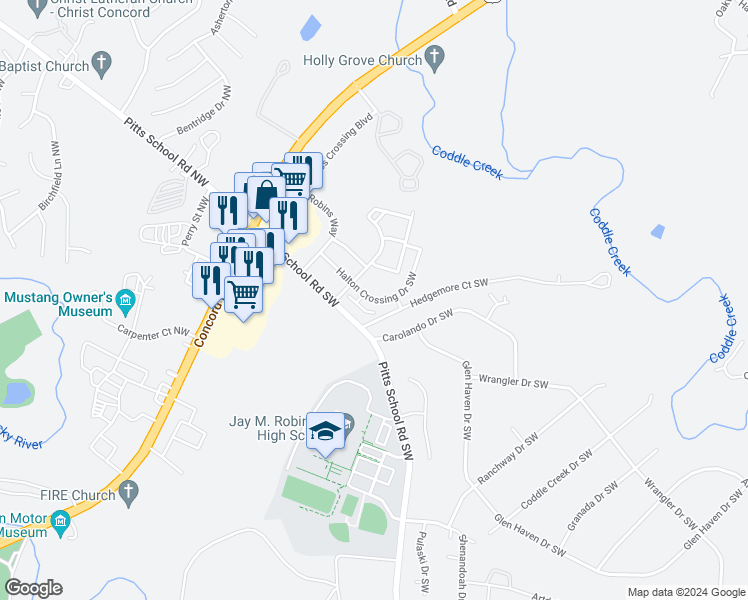 map of restaurants, bars, coffee shops, grocery stores, and more near 353 Halton Crossing Drive Southwest in Concord