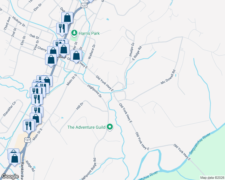 map of restaurants, bars, coffee shops, grocery stores, and more near 1639 Old York Highway East in Dunlap