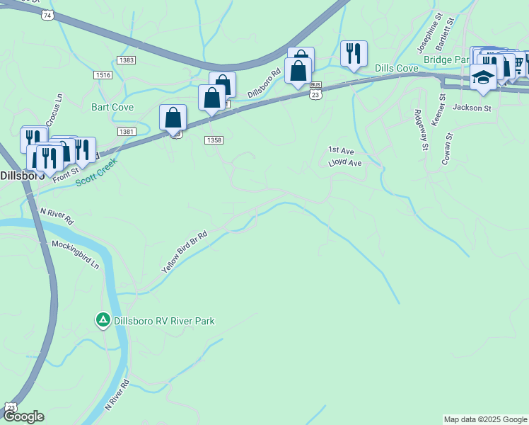 map of restaurants, bars, coffee shops, grocery stores, and more near 83 Yellow Bird Bridge Road in Sylva