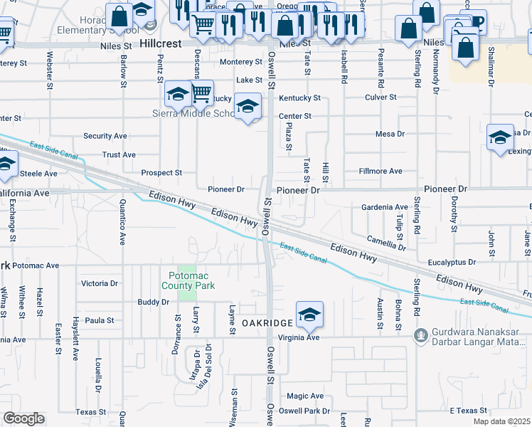 map of restaurants, bars, coffee shops, grocery stores, and more near 721 Oswell Street in Bakersfield