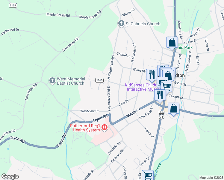 map of restaurants, bars, coffee shops, grocery stores, and more near 140 South Hillside Street in Rutherfordton