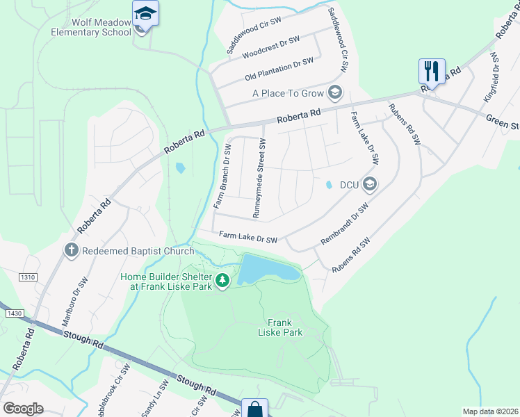 map of restaurants, bars, coffee shops, grocery stores, and more near 3327 Runneymede Street Southwest in Concord