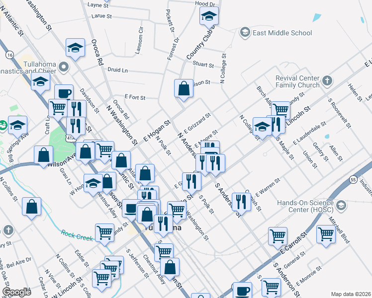map of restaurants, bars, coffee shops, grocery stores, and more near 300 North Polk Street in Tullahoma