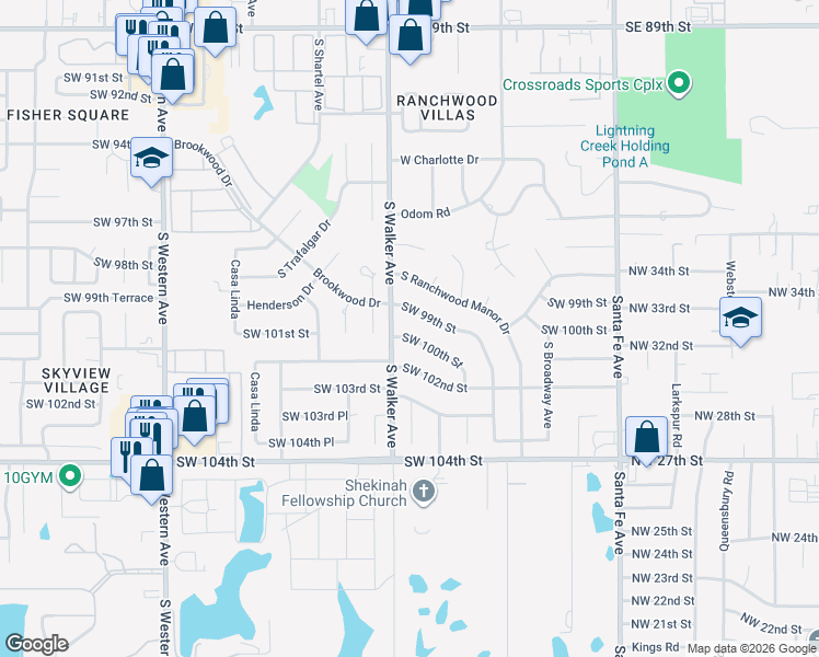 map of restaurants, bars, coffee shops, grocery stores, and more near 452 Southwest 100th Street in Oklahoma City
