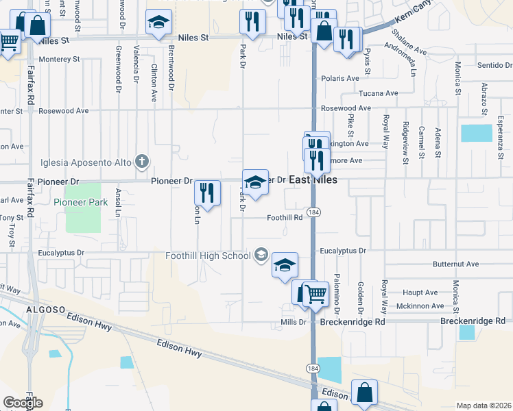 map of restaurants, bars, coffee shops, grocery stores, and more near in Kern County