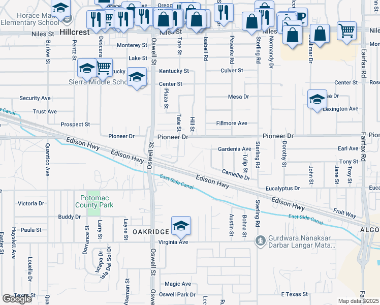 map of restaurants, bars, coffee shops, grocery stores, and more near 3135 Pioneer Drive in Bakersfield