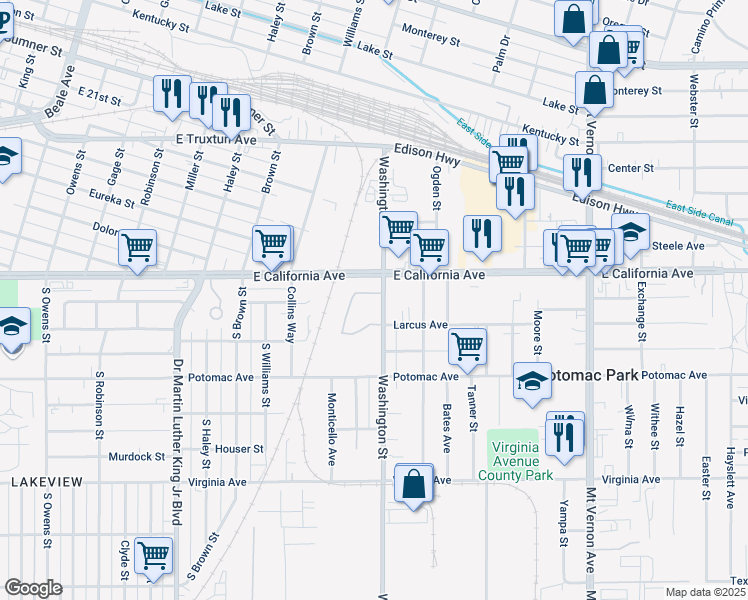 map of restaurants, bars, coffee shops, grocery stores, and more near 1014 Washington Street in Bakersfield