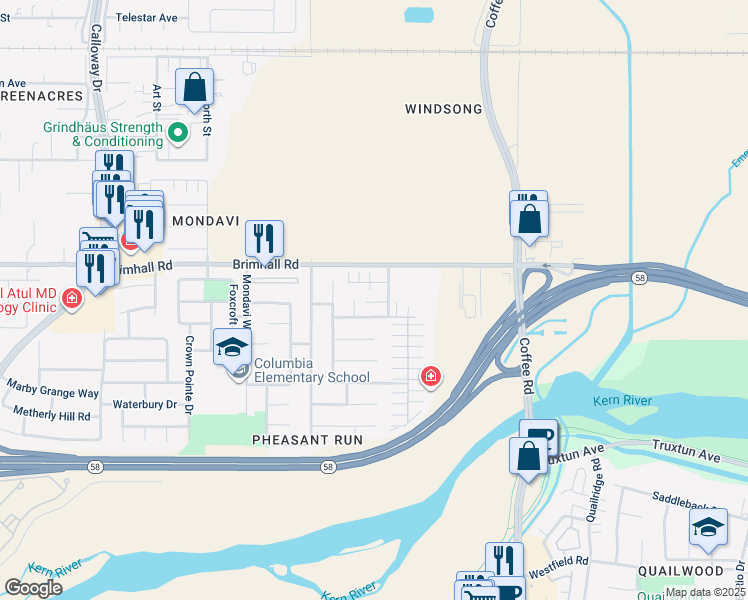 map of restaurants, bars, coffee shops, grocery stores, and more near 8613 White Rock Drive in Bakersfield