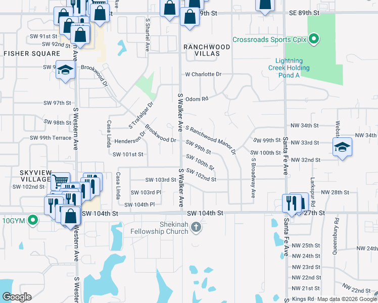 map of restaurants, bars, coffee shops, grocery stores, and more near 452 Southwest 100th Street in Oklahoma City