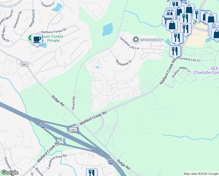map of restaurants, bars, coffee shops, grocery stores, and more near 8619 Dream Street in Charlotte