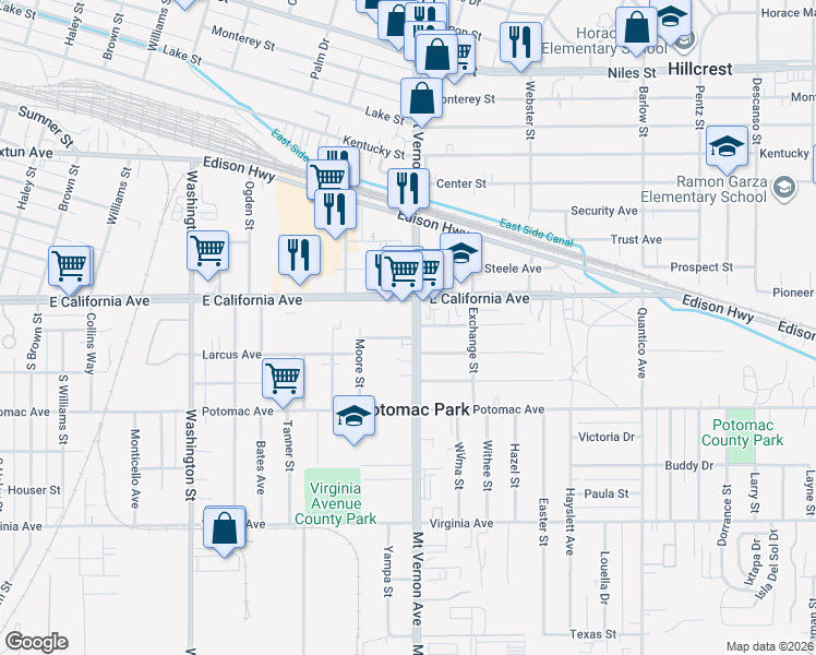 map of restaurants, bars, coffee shops, grocery stores, and more near 930 Mount Vernon Avenue in Bakersfield