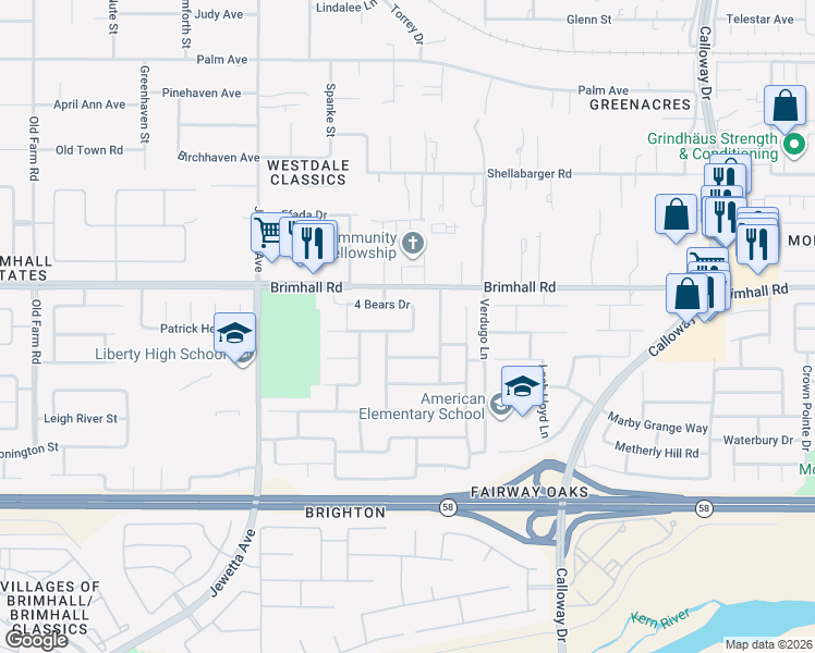 map of restaurants, bars, coffee shops, grocery stores, and more near 10722 Beaver Creek Drive in Bakersfield