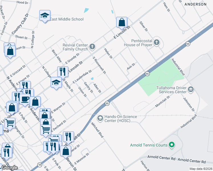 map of restaurants, bars, coffee shops, grocery stores, and more near 1115 East Decherd Street in Tullahoma